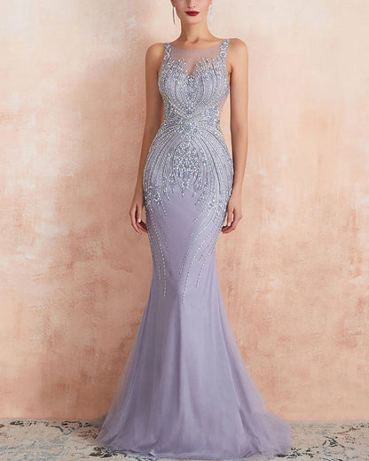 Mermaid Scoop Floor-Length Tulle Zipper Back Prom Dresses With Beaded