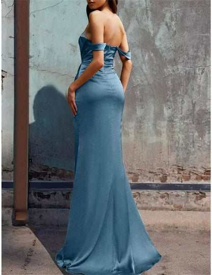 Elegant Off the Shoulder Satin Mermaid Slit Prom Dress With Ruffles