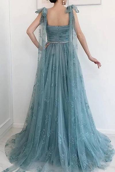 Elegant Open Back Dusty Blue Lace Long Prom Dress with High Slit Long Dusty Blue Lace Formal Graduation Evening Dress