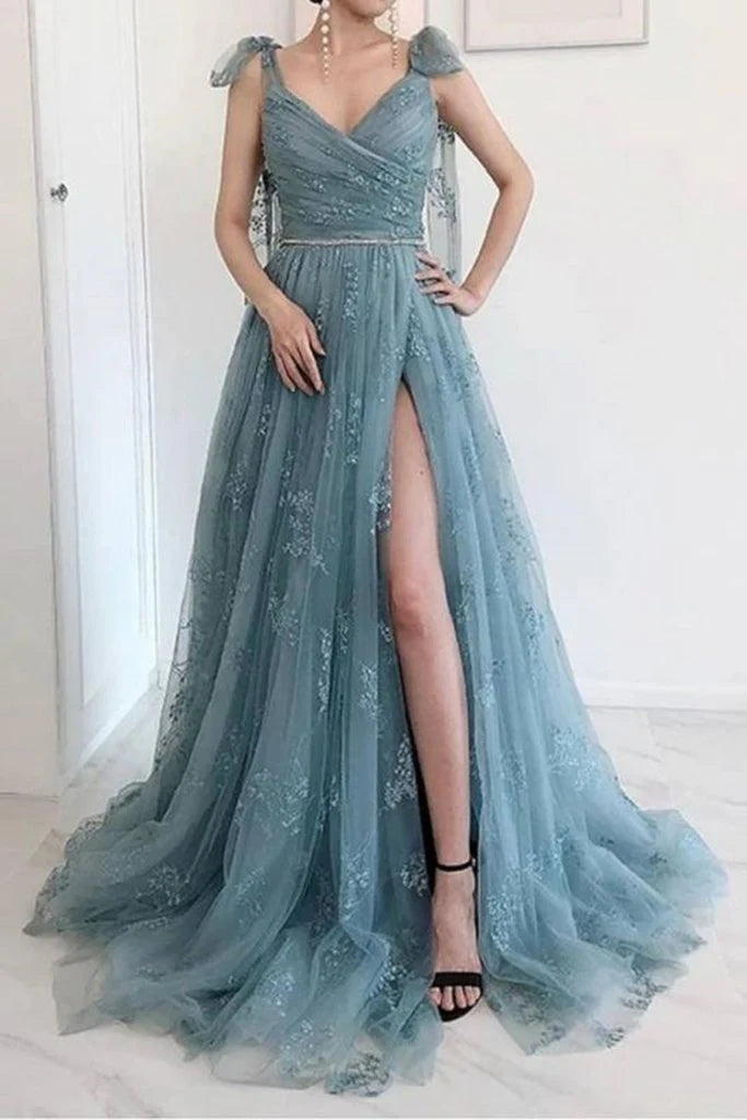 Elegant Open Back Dusty Blue Lace Long Prom Dress with High Slit Long Dusty Blue Lace Formal Graduation Evening Dress