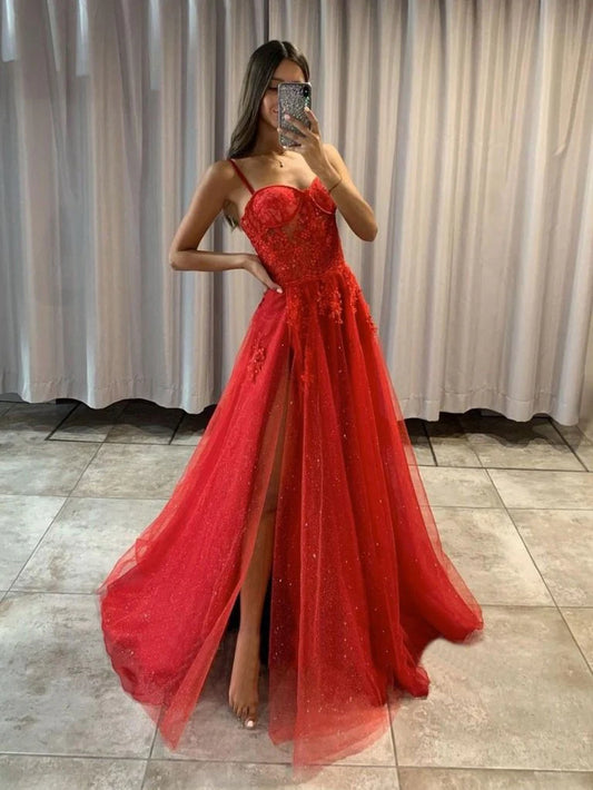 A-line Sweetheart Slit long Prom Dress Cute Graduation Dresses