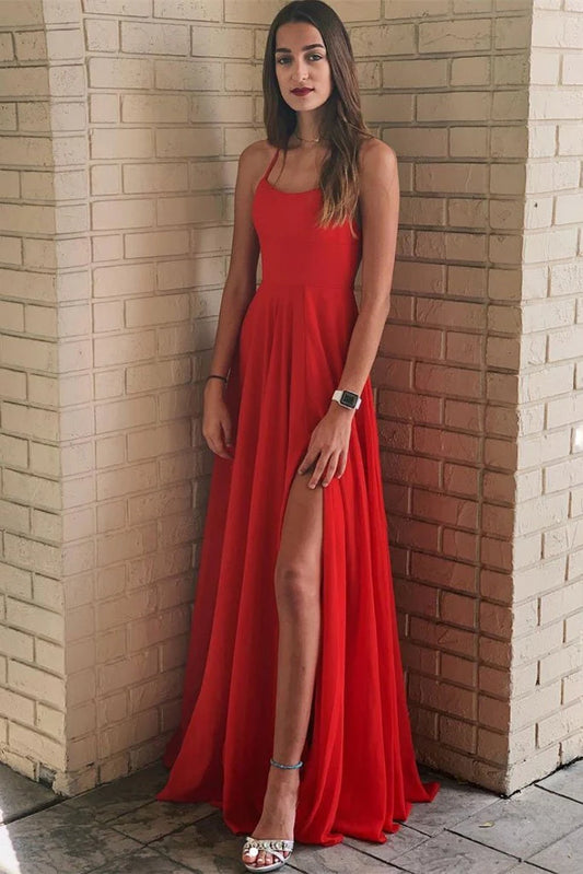 Elegant Spaghetti Straps Red Chiffon A-Line Long Prom Dress