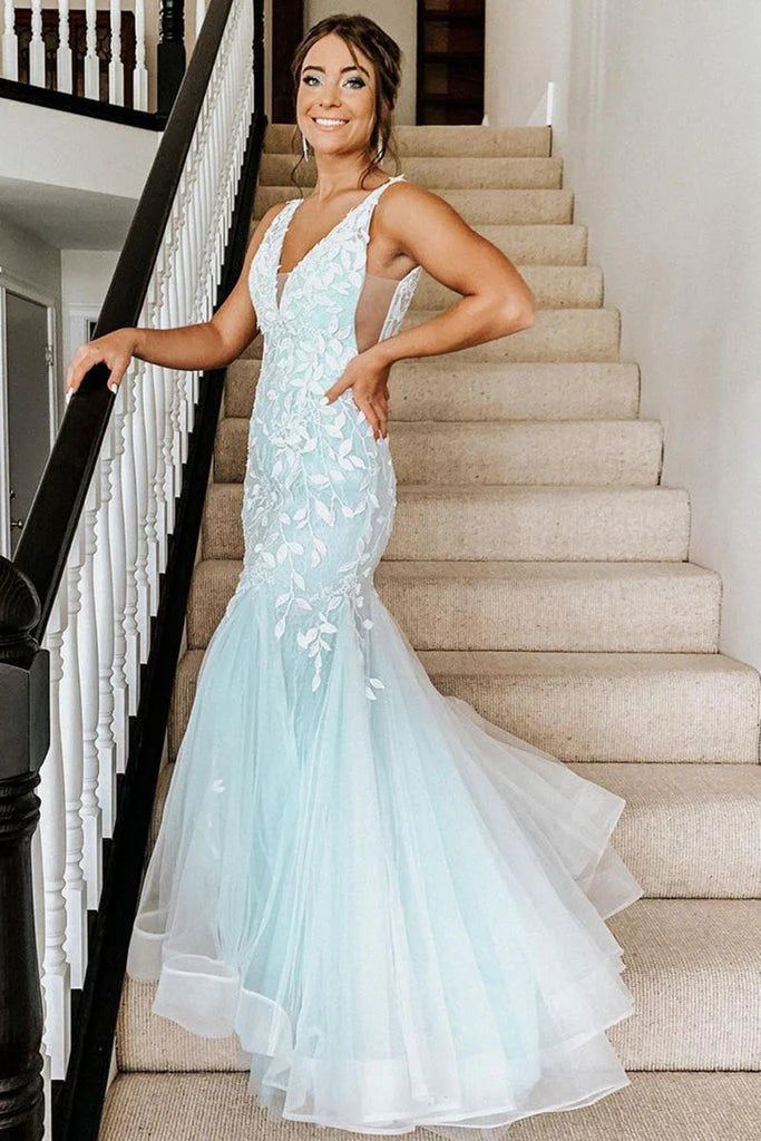 V Neck Mermaid Mint Tulle Lace Applique Long Prom Dress