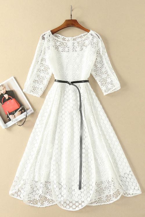 Elegant White Half Sleeve Lace Round Neck Homecoming Dresses Belt Ankle Knee Cocktail Dress