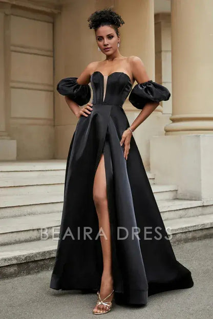 Beaira Elegant A-Line Strapless Detachable Half Lantern Sleeves High Side Slit Floor Length Prom Dress Party Dress Cocktail Gown