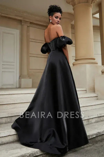 Beaira Elegant A-Line Strapless Detachable Half Lantern Sleeves High Side Slit Floor Length Prom Dress Party Dress Cocktail Gown