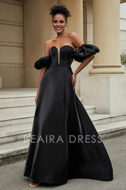 Beaira Elegant A-Line Strapless Detachable Half Lantern Sleeves High Side Slit Floor Length Prom Dress Party Dress Cocktail Gown