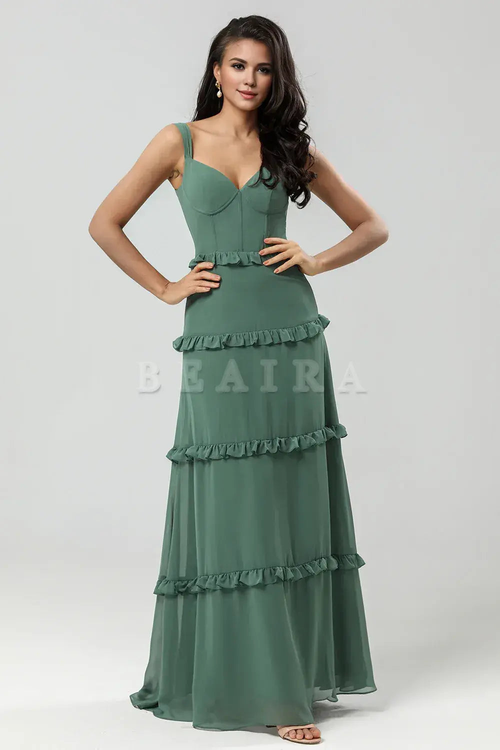 Beaira Elegant A Line Spaghetti Straps Chiffon Eucalyptus Bridesmaid Dress Bridesmaid dress shop