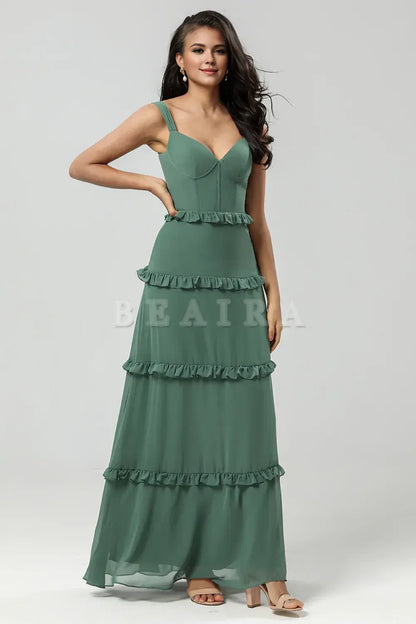 Beaira Elegant A Line Spaghetti Straps Chiffon Eucalyptus Bridesmaid Dress Bridesmaid dress shop