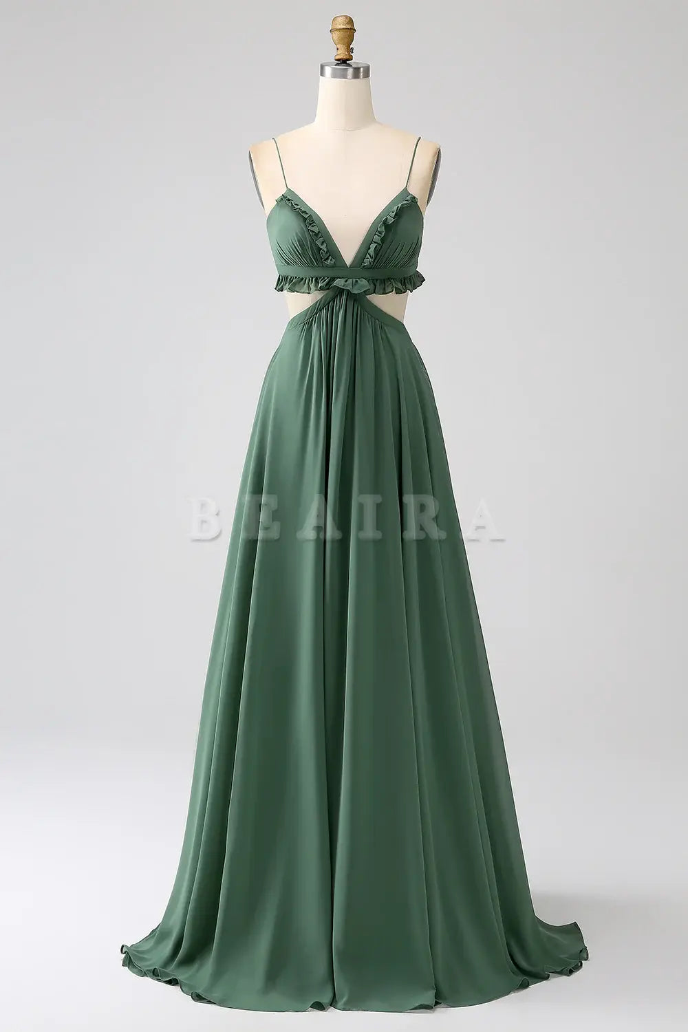 Beaira Eucalyptus A-Line Spaghetti Straps Backless Chiffon Long Bridesmaid Dress Bridesmaid dress shop