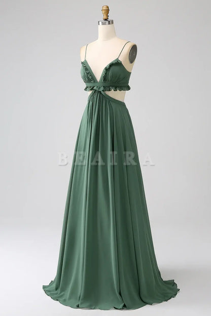 Beaira Eucalyptus A-Line Spaghetti Straps Backless Chiffon Long Bridesmaid Dress Bridesmaid dress shop