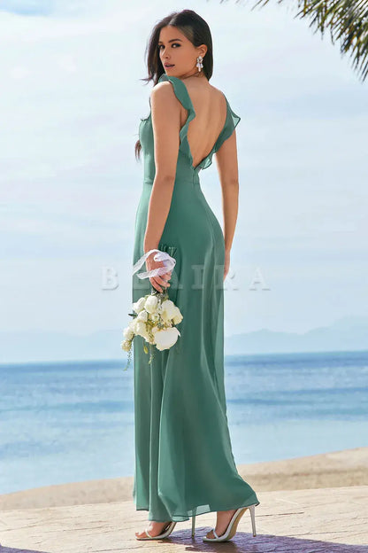 Beaira Eucalyptus A-Line Square Neck Backless Floor Length Bridesmaid Dress with Slit Bridesmaid dress shop