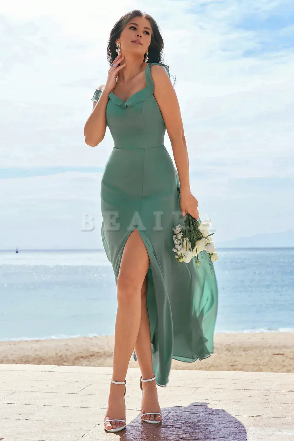 Beaira Eucalyptus A-Line Square Neck Backless Floor Length Bridesmaid Dress with Slit Bridesmaid dress shop