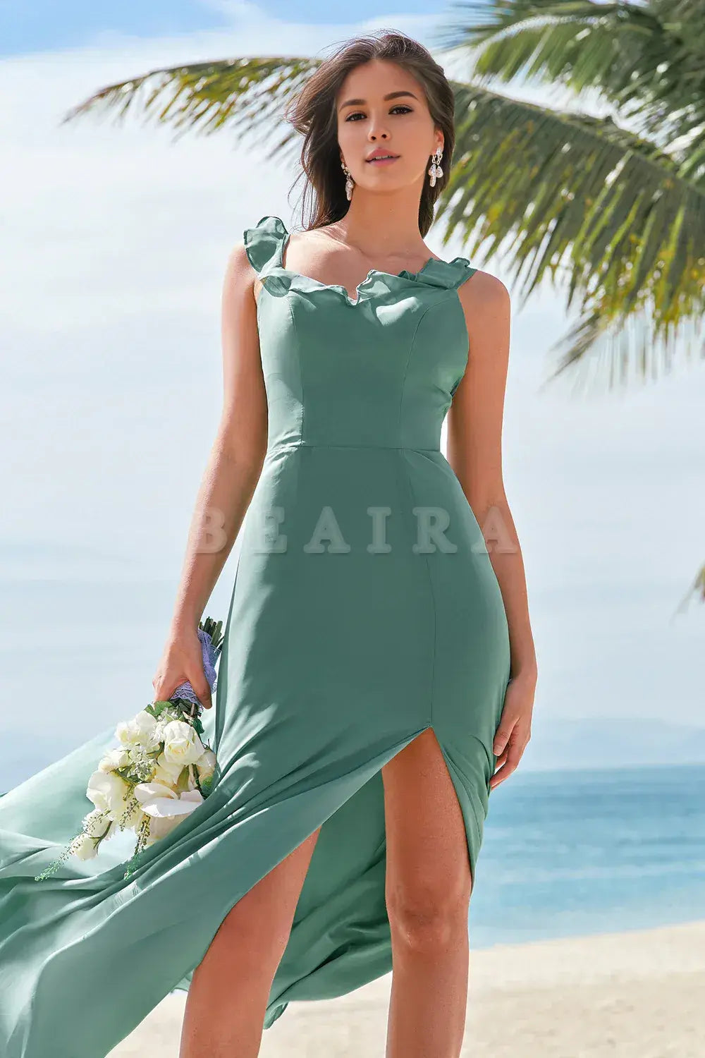 Beaira Eucalyptus A-Line Square Neck Backless Floor Length Bridesmaid Dress with Slit Bridesmaid dress shop