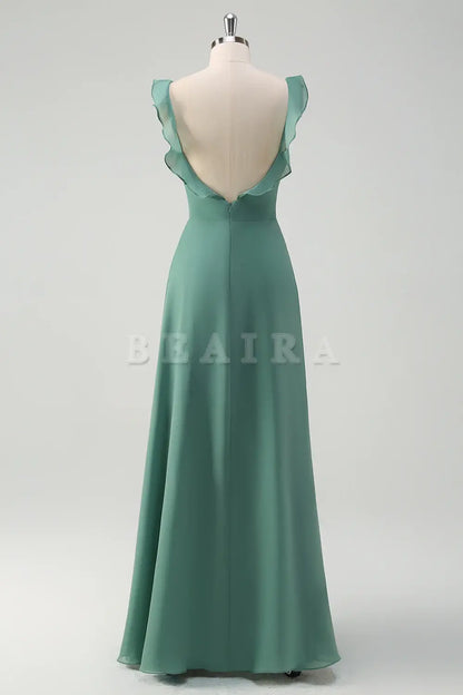 Beaira Eucalyptus A-Line Square Neck Backless Floor Length Bridesmaid Dress with Slit Bridesmaid dress shop