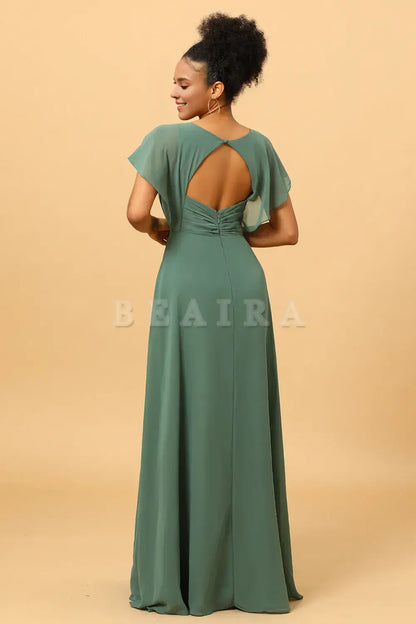 Beaira Eucalyptus A Line V-Neck Ruched Long Chiffon Bridesmaid Dress with Slit Bridesmaid dress shop