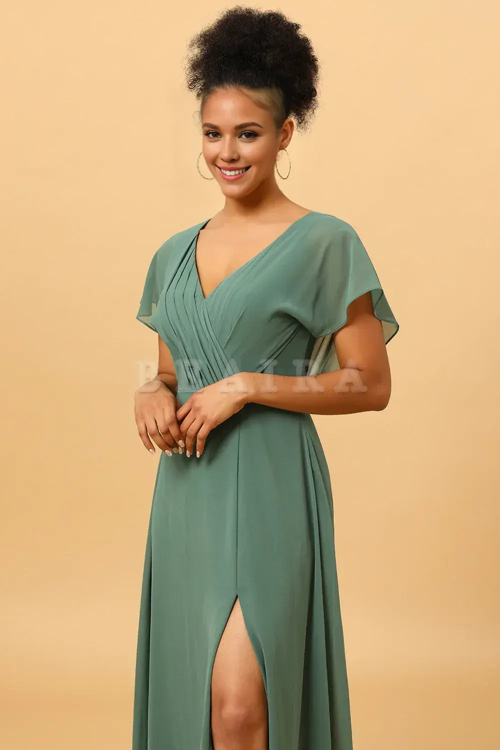 Beaira Eucalyptus A Line V-Neck Ruched Long Chiffon Bridesmaid Dress with Slit Bridesmaid dress shop