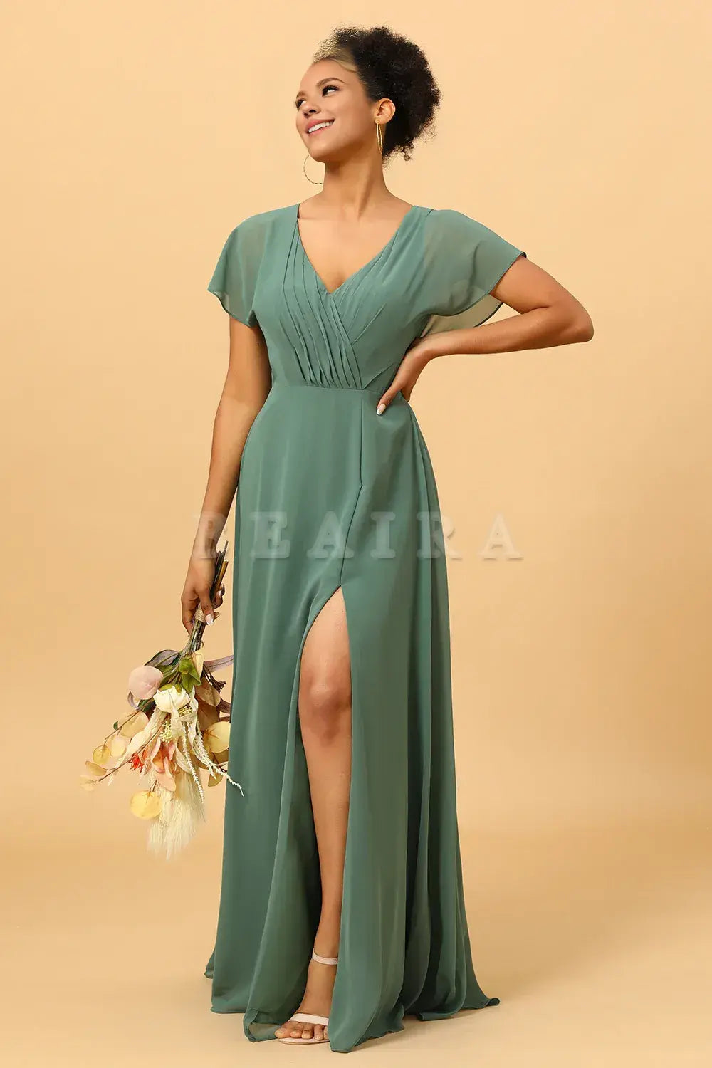 Beaira Eucalyptus A Line V-Neck Ruched Long Chiffon Bridesmaid Dress with Slit Bridesmaid dress shop