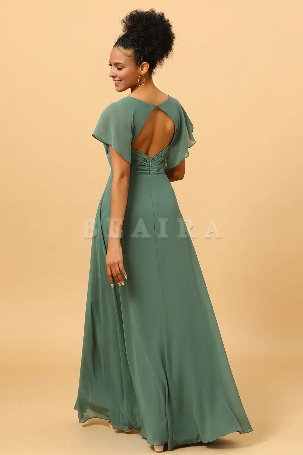 Beaira Eucalyptus A Line V-Neck Ruched Long Chiffon Bridesmaid Dress with Slit Bridesmaid dress shop