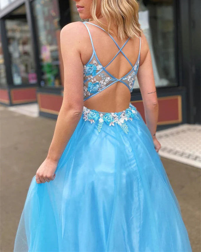 A Line V Neck Backless Blue Lace Prom Dress with Appliques