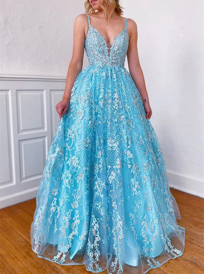 A Line V Neck Backless Blue Lace Prom Dress with Appliques