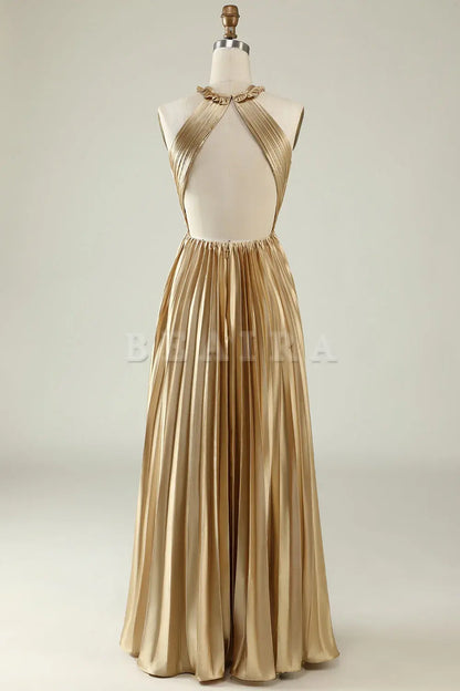 Beaira Golden A Line Halter Pleated Long Bridesmaid Dress with Open Back Bridesmaid dress shop