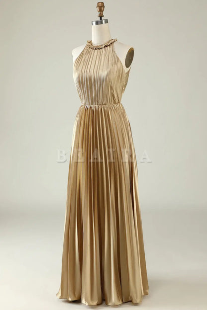 Beaira Golden A Line Halter Pleated Long Bridesmaid Dress with Open Back Bridesmaid dress shop