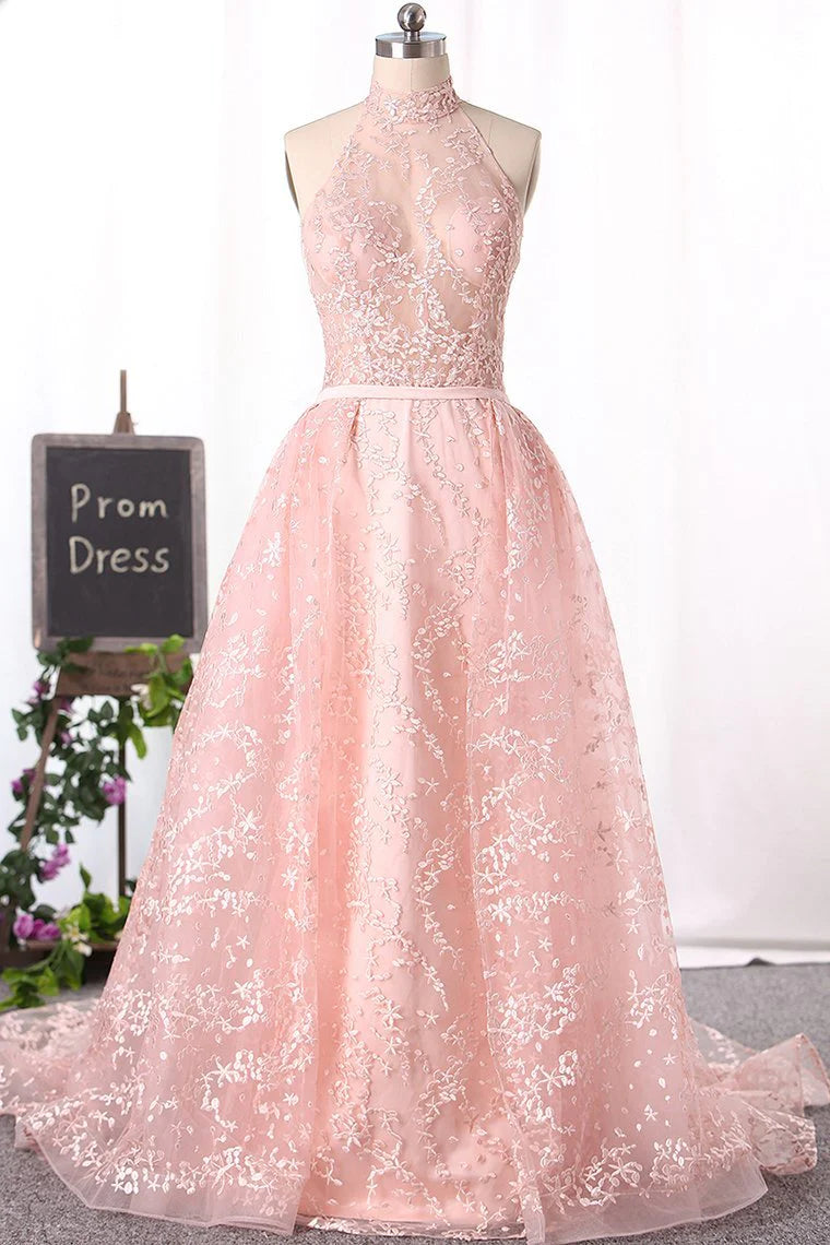 Gorgeous High Neck Lace Party Dresses Floor-Length