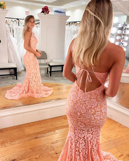 Gorgeous Lace High Neck Prom Dresses Mermaid Zipper Up