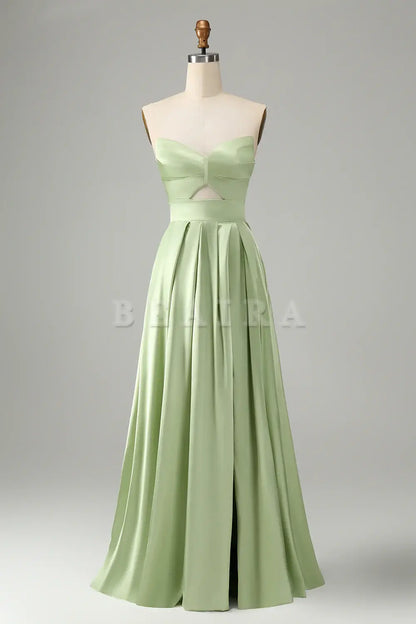 Beaira Green A Line Strapless Pleated Hollow Out Long Bridesmaid Dress With Slit Bridesmaid dress shop