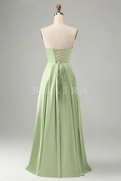 Beaira Green A Line Strapless Pleated Hollow Out Long Bridesmaid Dress With Slit Bridesmaid dress shop