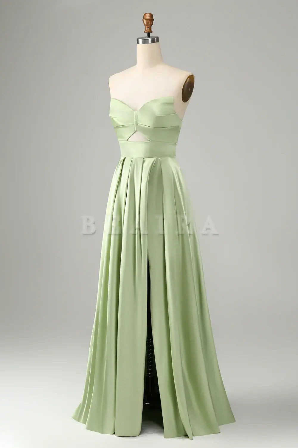 Beaira Green A Line Strapless Pleated Hollow Out Long Bridesmaid Dress With Slit Bridesmaid dress shop