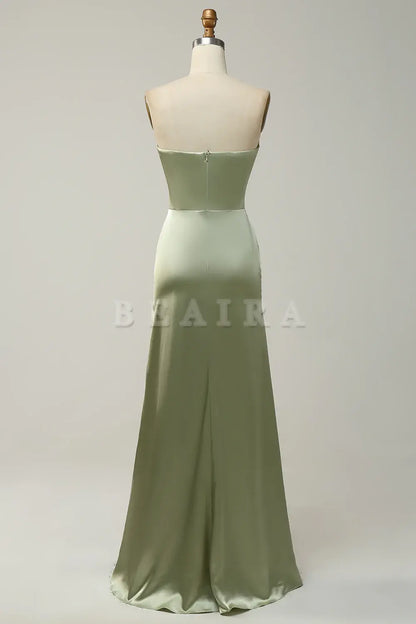 Beaira Green Sheath Convertible Strapless Satin Floor-Length Dress with Slit Bridesmaid dress shop