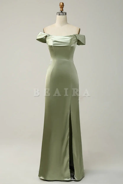 Beaira Green Sheath Convertible Strapless Satin Floor-Length Dress with Slit Bridesmaid dress shop