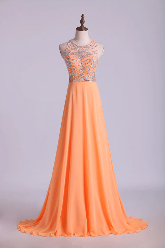 Halter A-Line Party Dresses Tulle And Chiffon Sweep Train