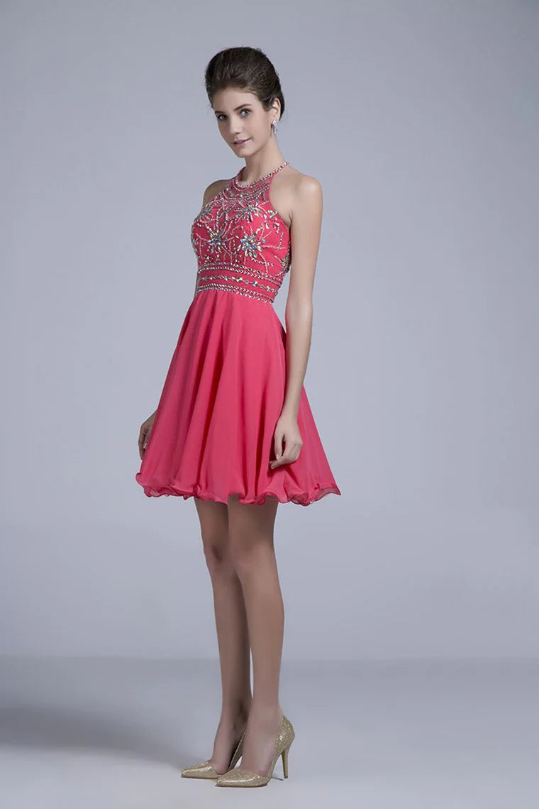 Halter A Line Sexy And Cute Homecoming Dress Short/Mini Chiffon&Tulle Beaded