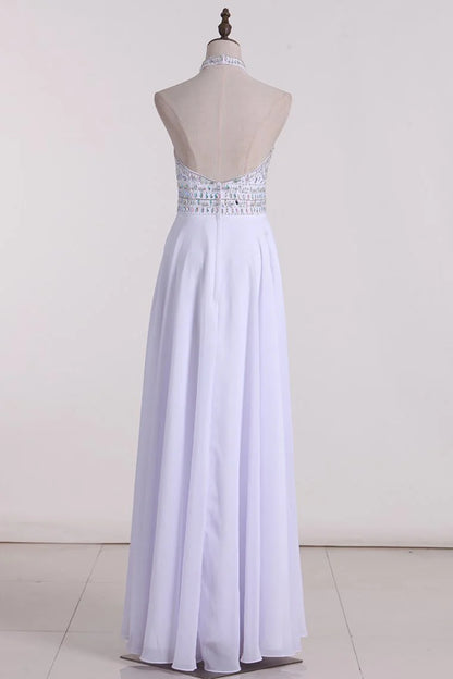 Halter Beaded Bodice A Line Party Dresses Chiffon With Slit