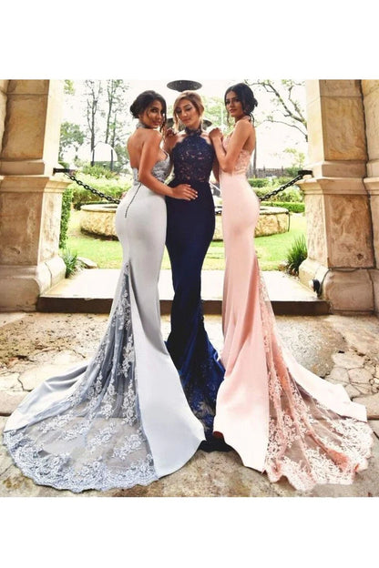 Halter Mermaid Satin Bridesmaid Dresses With Applique Sweep Train