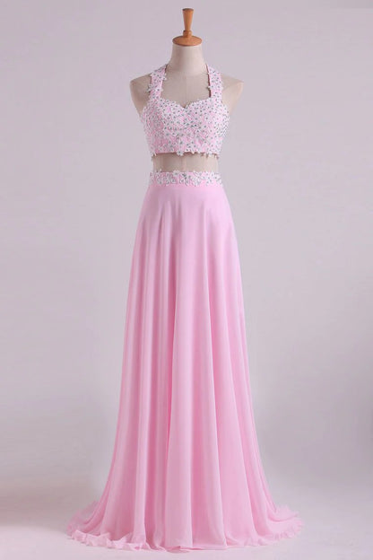 Halter Party Dresses A-Line With Applique Chiffon