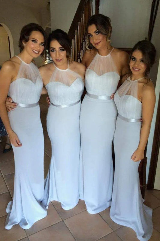 Halter Satin With Sash Mermaid Sweep Train Bridesmaid Dresses