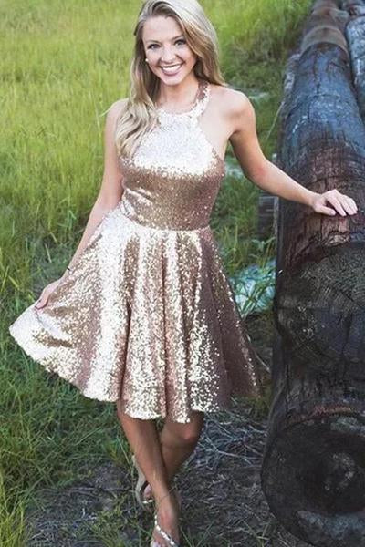 Halter Sequin A Line Backless Short Homecoming Dresses Simple Prom Gowns