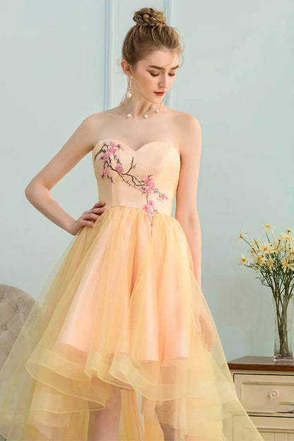 A Line Appliques Bodice Flowing Satin Prom Dress