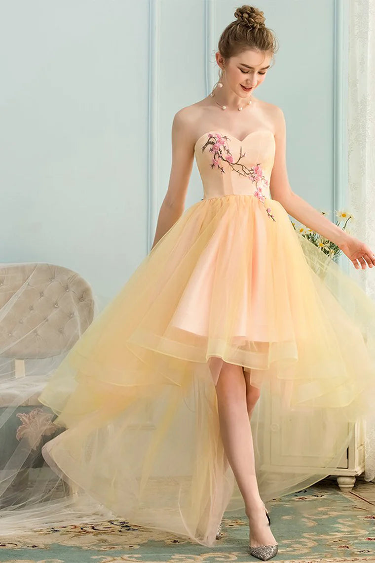 A Line Appliques Bodice Flowing Satin Prom Dress