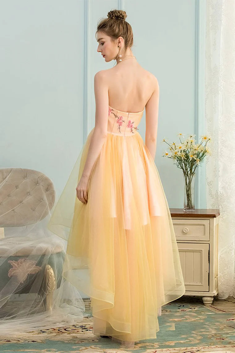 A Line Appliques Bodice Flowing Satin Prom Dress