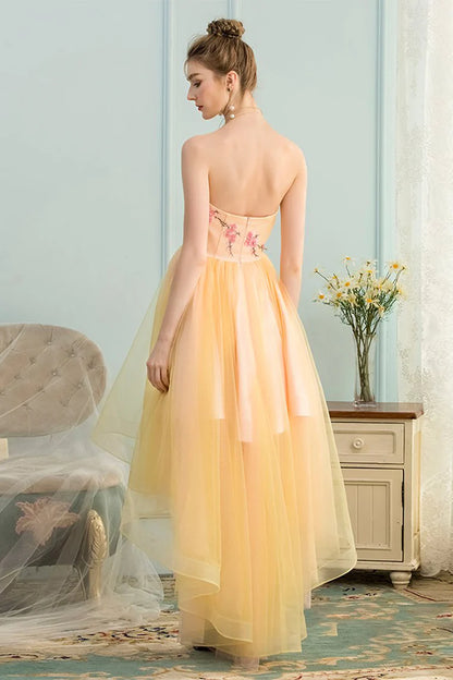 A Line Appliques Bodice Flowing Satin Prom Dress