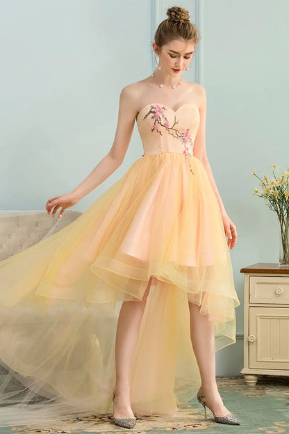 A Line Appliques Bodice Flowing Satin Prom Dress