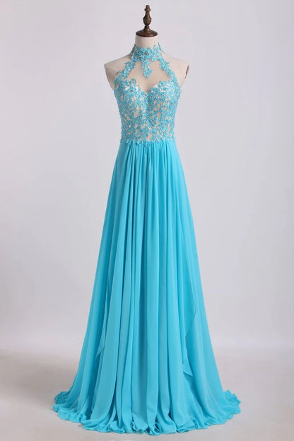 High Neck A Line Party Dresses With Applique&Beads Chiffon