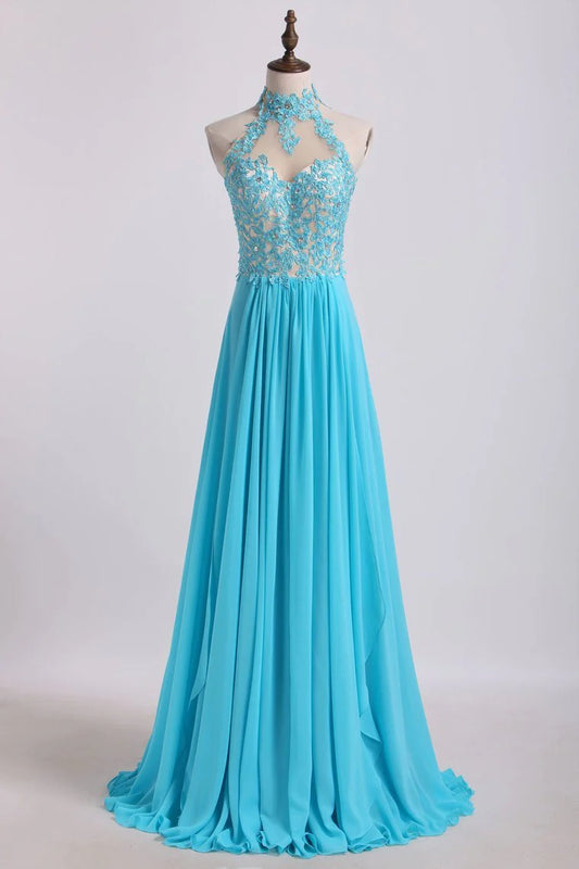 High Neck A Line Party Dresses With Applique&Beads Chiffon