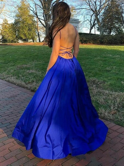 V-Neck Spaghetti Straps Open Back Sleeveless Prom Dress Satin Prom Dresses