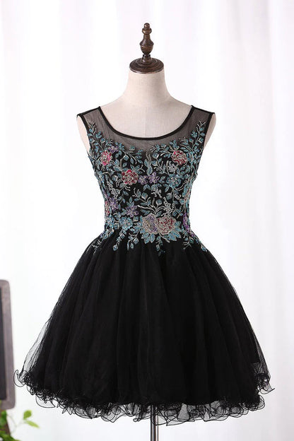 Homecoming Dresses A-Line Scoop Short/Mini Tulle With Beads&Appliques